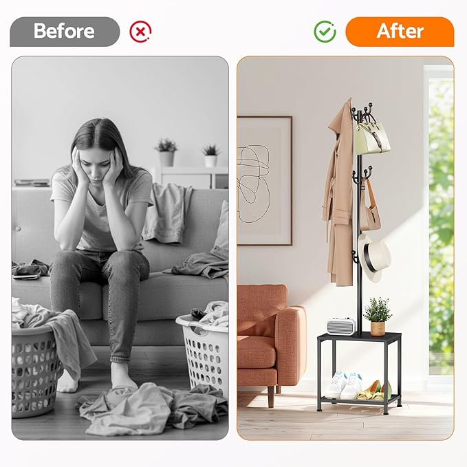 Hall Tree with Bench and Shoe Storage, Coat Rack Freestanding Coat Rack Shoe Bench, Corner Coat Hanger Stand Standing Hat Rack, Tree Stand Purse Rack Tree Black Coat Racks with Shelf