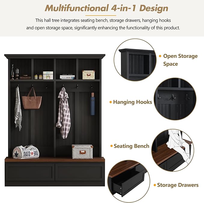 Hall Tree with Storage Bench, Farmhouse 4-in-1 Hall Tree with Wood Grain Bench, 2 Large Drawers, 6 Black Hooks, 4 Storage Compartments, Mudroom Versatile Coat Rack for Hallway, Living Room (Black/156)