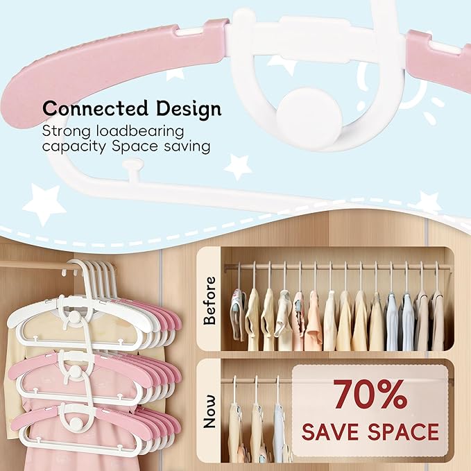 30 Pack Baby Kids Clothes Hangers Adjustable Stackable for Infant to Children - Thick Plastic, Non-Slip, Space Saving, Pink