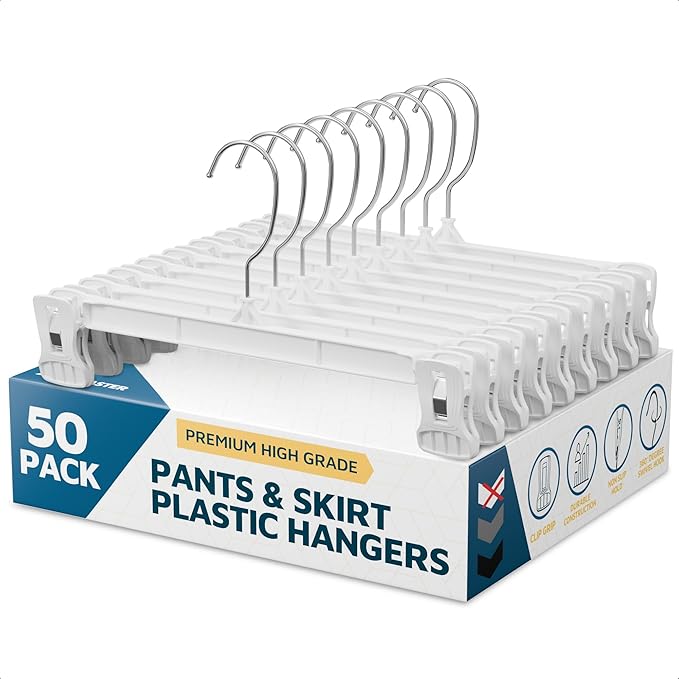 Lifemaster Pants Hangers with Clips Pack of 50, 12-Inch Heavy-Duty Clothes Hangers with Non-Slip Ridged Grip Clips & 360° Swivel Hook, Space-Saving Closet Organizer for Pants, Skirts & Shorts, White
