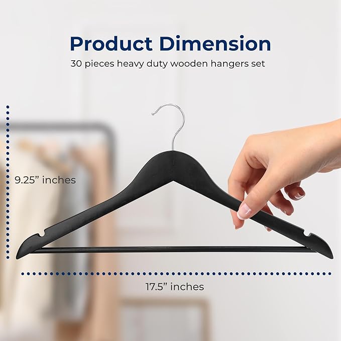 SereneLife 30-Pack Black Wooden Clothes Hangers – 14” Heavy-Duty Solid Wood with Pants Bar, Non-Slip Notches & 360° Chrome Swivel Hook, Space-Saving Coat, Jacket & Suit Hangers for Closet Organization