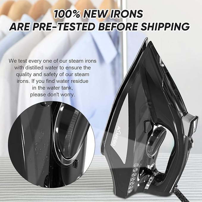 Steam Iron for Clothes Portable Anti Drip Clothes Iron Steam with Non Stick Ceramic Soleplate Auto-Off Self-Cleaning Function Travel Iron with Visible Water Tank for Home (1700W Black)
