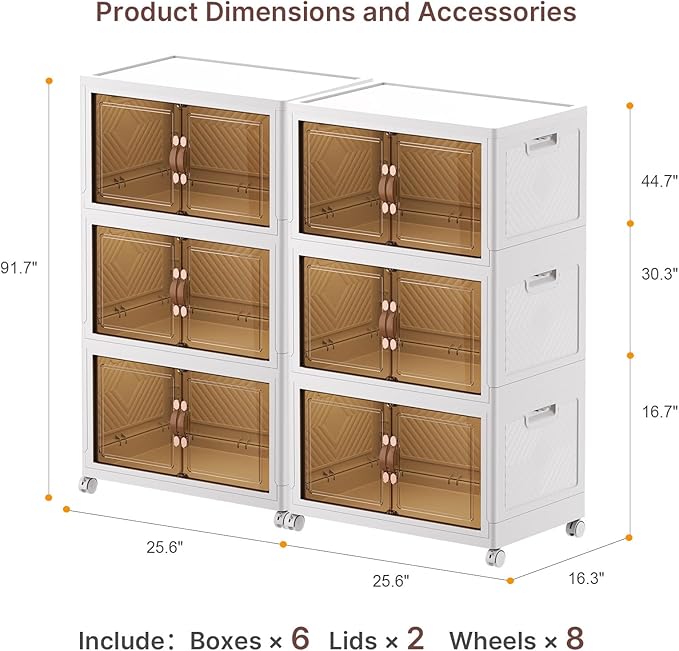 Extra Large Stackable Storage Bins, Lockable Storage Bins with Lids, Folding Storage box with Doors and Wheels, Collapsible Plastic Drawers for Home, Garage, Office (6, White, Large)
