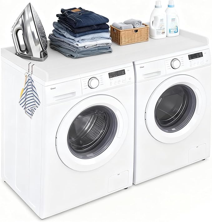 HDPE Washer Dryer Countertop, 54" x 27" Laundry Countertop with 2 Hooks & Non-Slip Pads, Washer and Dryer Topper for Laundry Room Organization, No-Installation (White)