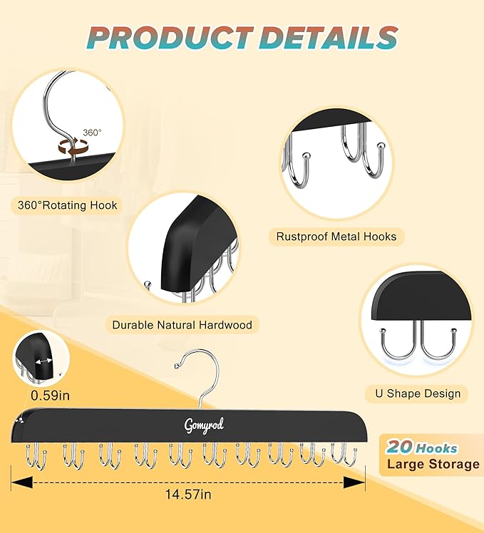 Bra Hanger for Closet, 2 Pack Tank Top Hangers w/20 Hooks Holds 40 Bras, Capacity Foldable Wood Space Saving Hanger, 360°Rotating Closet Organizers and Storage for Dorm & Apartment（Black）