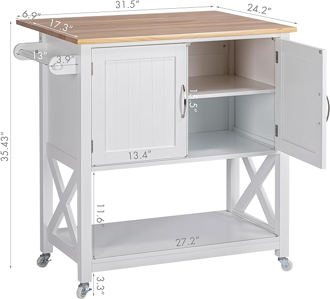 Spirich Kitchen Island on Wheels, Rolling Kitchen Cart with Storage Cabinet, Small Kitchen Island with Drop Leaf and Towel Rack for Dining Room, White