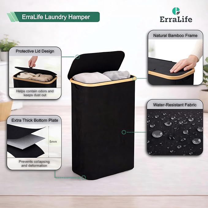 Slim Laundry Hamper with Lid, 60L Capacity, Bamboo Handles, and Steel Ring Removable Inner Bag - Collapsible Clothes Basket Laundry Organizer for Bedroom, Bathroom, Dorm, Black