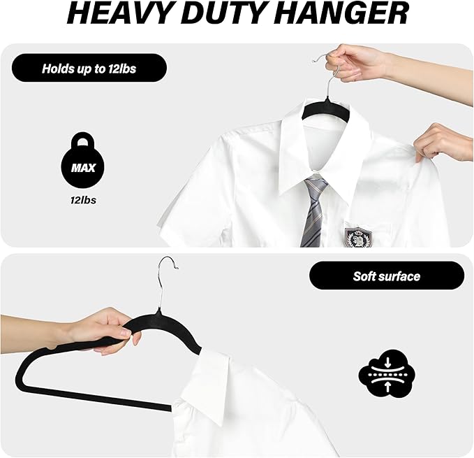 Simple Deluxe Velvet Hangers 30 Pack, Non-Slip Clothes Hangers with Shoulder Notches, 360° Swivel Hooks, Heavy Duty Coat Suit Hangers for Closet Space Saving, Black