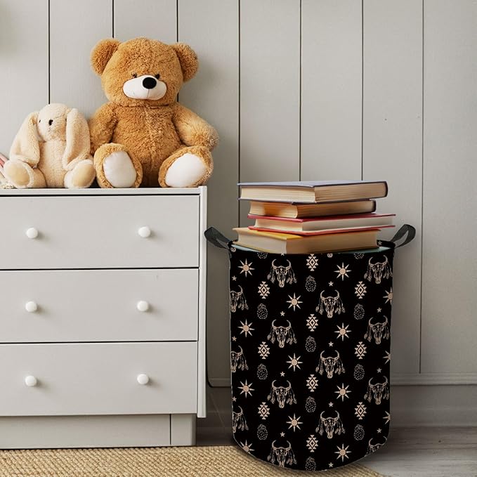 Western Aztec Bull Skull Laundry Basket, Toybox for Boys Girls Room, Western Laundry Basket Hamper Waterproof Collapsible Clothes Toys Storage Bin Organizer for Bedroom Bathroom Kids Room Dorm