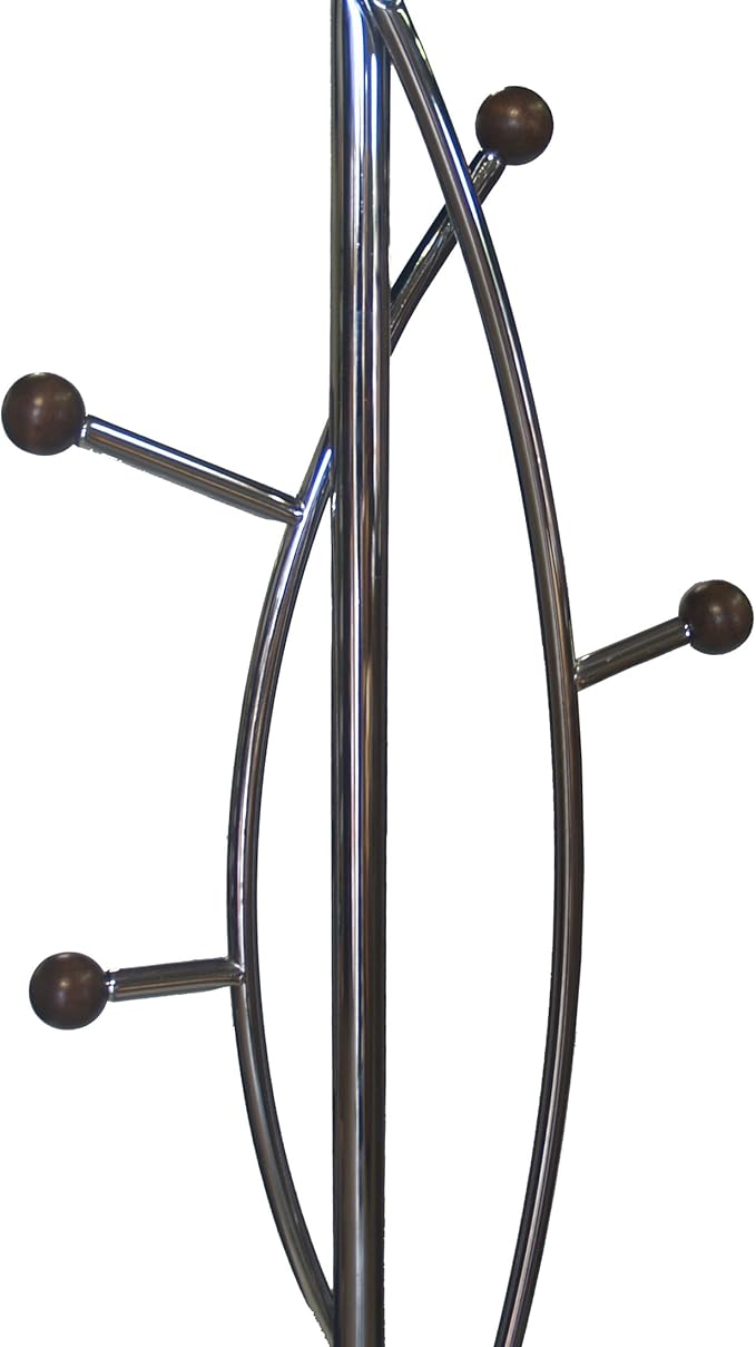 Proman Products Freestanding Modern Metal Coat Rack Tree Stand Organizer with 6 Wooden Hooks for Clothes, Bags, Jackets and Hats
