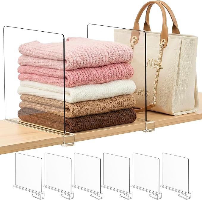 Purse Organizer for Closet Shelf Dividers: 11-inch Tall(Higher Version) Adjustable Clear Acrylic Bag Storage Organizer for Handbags, Sweaters, Towels, Jeans and Shoes on Wood Shelves 6-Pack