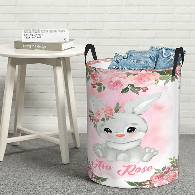 Personalized Bunny Laundry Basket For Baby Kids Boys Girls Adult Custom Hamper Basket With Name For Bathroom Bedrooms Collapsible Baby Laundry Basket, Dirty Clothes Hamper With Handles