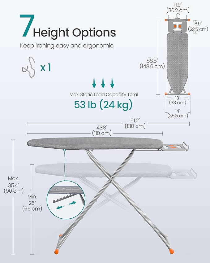 SONGMICS Ironing Board, Retractable Iron Rest, Foldable Iron Board, 43 x 13 Inches, Space-Saving, Height Adjustable, Padded with Cover, Hook, Dove Gray ULLB003GD02S