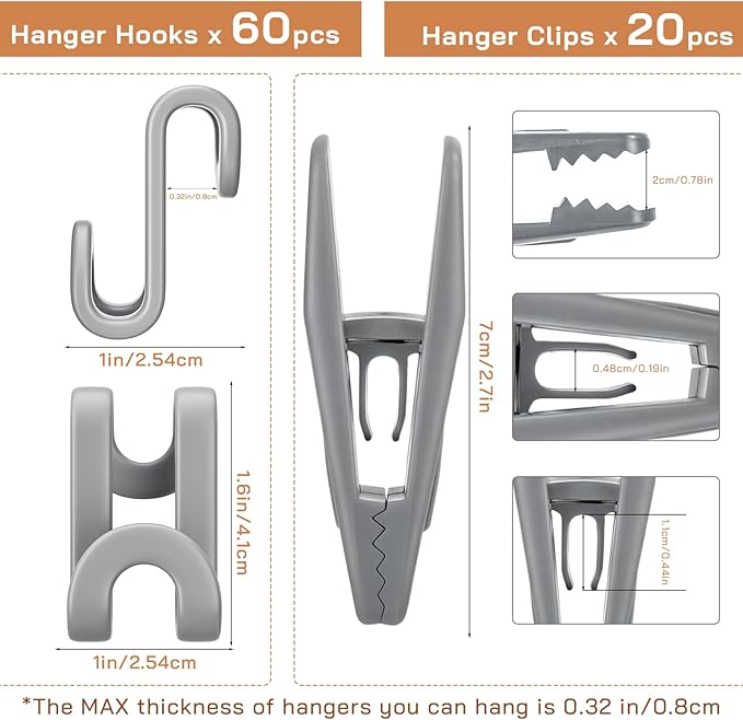 Tinfol Gray 60pc Hanger Connector Hooks and 20pc Hanger Clips, Stackable Space Saving Hook - Hangers Finger Clips, Hangers Organizer Accessories for Closet Organizers