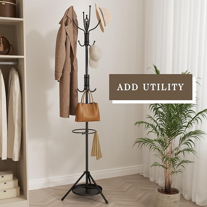 Coat Rack Freestanding - 67" H Black Metal Coat Rack Stand with Umbrella Holder with 12 Hooks for Bathroom Bedroom Entryway Living Room & Office for Hats, Coats, Scarves, Handbags