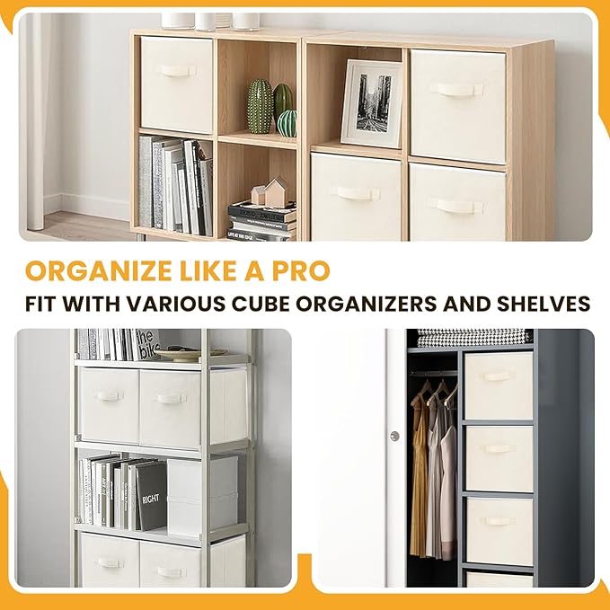 Criusia Large Storage Cubes, 13 Inch Cube Storage Bins for Shelves Closet Nursery Bedroom - 10 Pack Collapsible Storage Baskets with Handles - Fabric Bins for Organizing Clothes Blanket Toys (Beige)