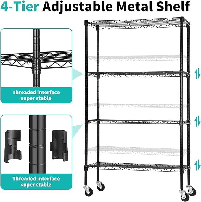 YRLLENSDAN Storage Shelves with Wheels, Heavy Duty 4 Tier Garage Storage Rack, Adjustable Wire Shelving Unit, Metal Shelf Organizer for Pantry, Kitchen, Basement, 36" W x 14" D x 62" H, Black