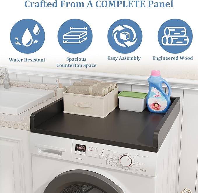 Washer Dryer Countertop, Countertop for Washer Dryer with Non-Slip Mat, Easy to Clean, Washer Dryer Wooden Countertop for Organization, 27.5″W x 27.5″D x 3.2″H Laundry Countertop(Black)