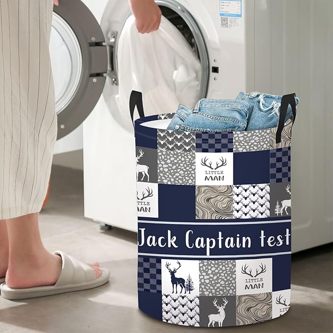 Personalized Name Laundry Basket for Kids Adults, Custom Woodland Deer Laundry Baskets for Toddler Boys Girls, Baby Laundry Hamper, Collapsible Clothes Storage Organizer