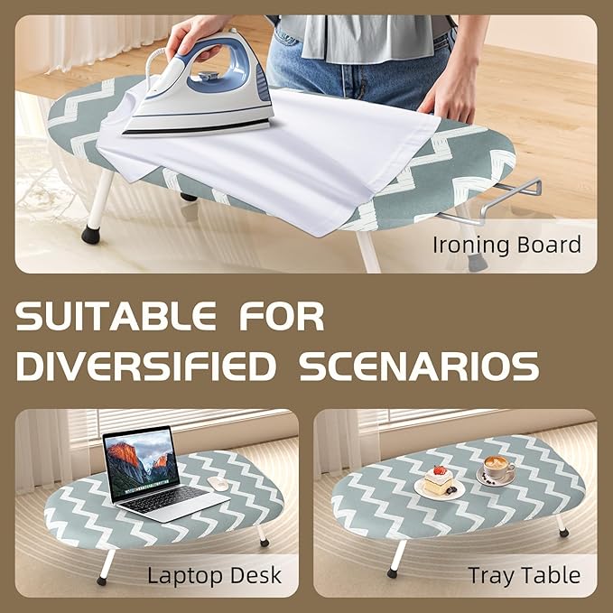 Mini Ironing Board Tabletop Ironing Board Compact Foldable Iron Board Thick Steel Tube with Heat Resistant Covers, Iron Rest for Dorms, Apartment and Travel (Blue-White Wave)