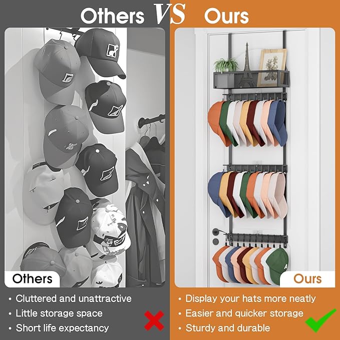 3 Tier Over Door Hat Rack with Basket - Hat Organizer Holder for Baseball Cap with 18 Hooks and 10 Movable Clips,Hat Hanger Storage Holds up to 28+ Caps for Door, Bedroom, Closet (Black)