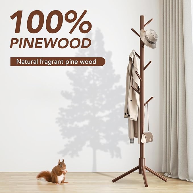 Wooden Coat Rack Freestanding with 8 Hooks,Easy Assembly New Zealand Pine Tree Coat Racks, 3 Adjustable Sizes for Clothes, Hats, Bags, for Entryway, Hallway, Bedroom, Office (Brown, 1 PC)