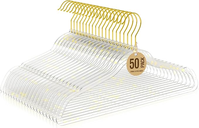Jiang&Rong Premium Clear Acrylic Hangers with Gold Glitter – 50 Pack Crystal Plastic Coat Hangers, Thin Space Saving Hangers for Clothes, Dress, Blouse & Pants