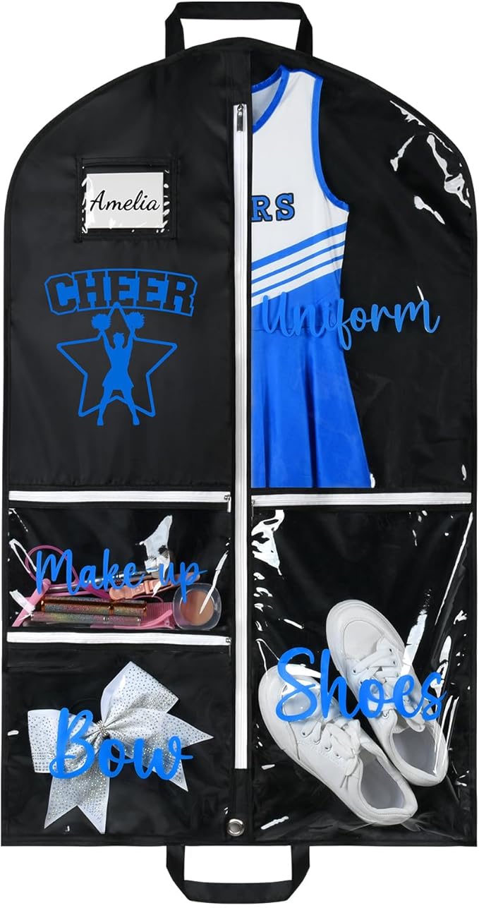 DEEKA Cheer Garment Bag for Hanging Clothes with Zipper Pockets Cheer Accessories Mom Essentials Uniform Costume 40 Inch Black Bags Stuff for Cheerleading Girls (Black,Blue-Cheer Star Logo)