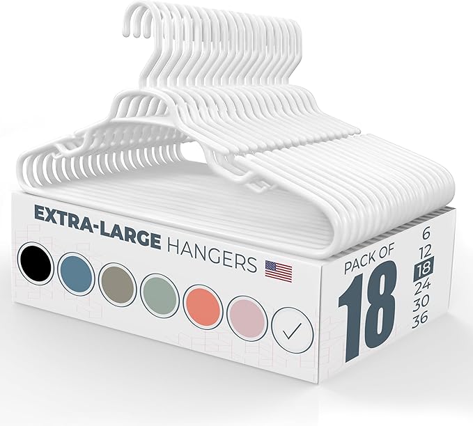 Neaties Large & Wide Heavy Duty Clothes Hangers 18 Pack – Made in USA – Ideal for Plus Size Clothing – 10lb Plastic Hangers with Notches for Oversized Adult Coats & Pants – White