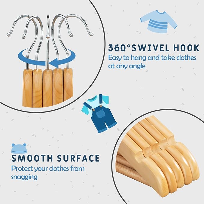 Kids Wooden Hangers 20 Pack, Natural Wooden Baby Hangers with Smooth Finish, Solid Wood Children Hanger for Clothes with Precisely-Cut Notches, Swivel Hook Baby Clothes Hanger for Closet