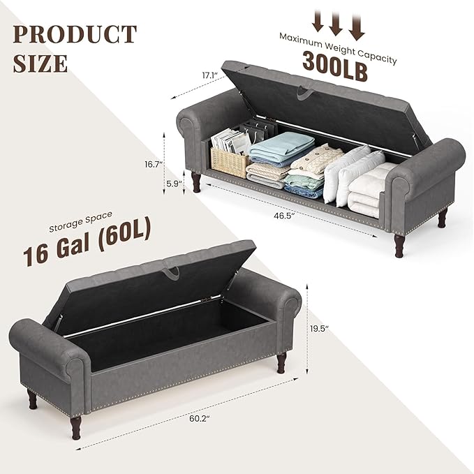 YOUDENOVA Storage Ottoman Bench, 60" Large Ottoman Foot Rest with Rolled Arms, Upholstered Storage Chest with Vintage Rivets for Living Room, Bedroom, Entryway, Grey