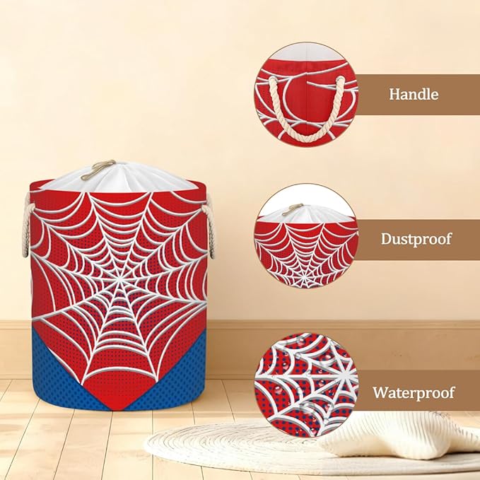 Red Spider Web Laundry Hamper - 58L Collapsible Waterproof Large Tall Nursery Storage Baskets Bin for Kids Toys, Clothes, Bathroom, Boys Bedroom Comic Hero Decor, Gift Basket