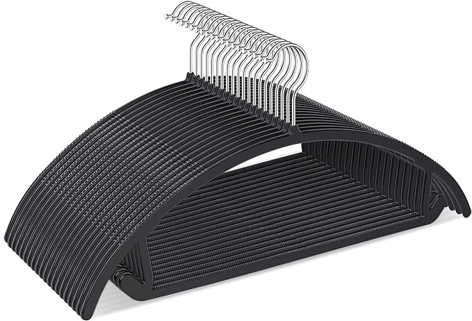 Ergonomic Curved Plastic Hangers 50pack - No Shoulder Bump Design, Non-Slip Grip for Delicate Fabrics, Heavy Duty Clothes Hangers, Holds Up to 11lbs - Ideal for Silk, Coats & Winter Wear(Black)