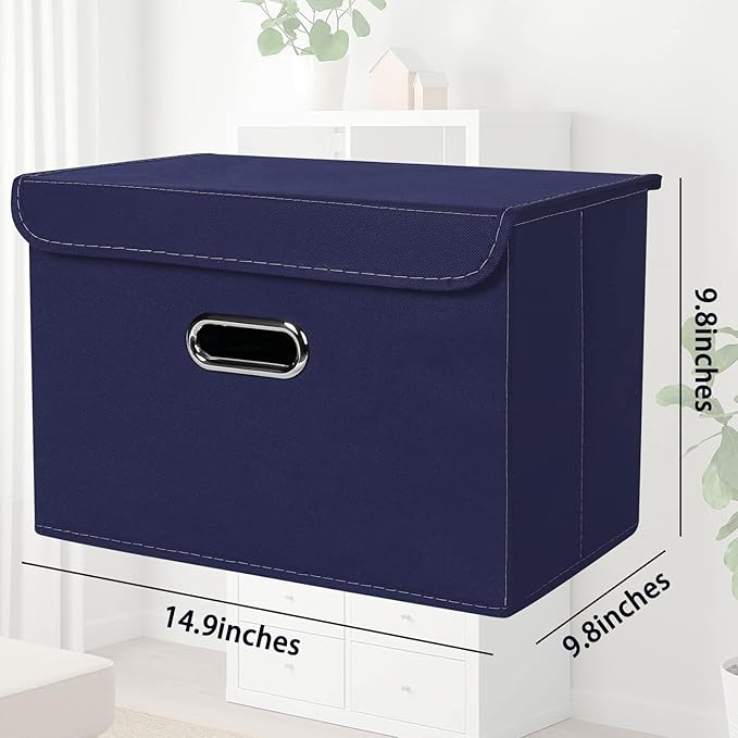 STOREONE Fabric Storage Cube Bins Foldable Organizer Container Collapsible Basket with Lids and Metal Handles, for Home, Bedroom, Closet 6 Pcs (Navy Blue)