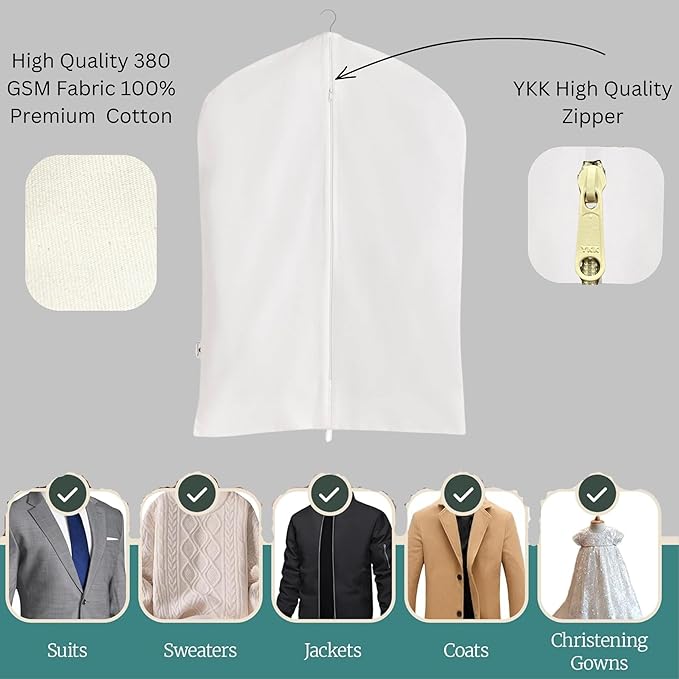 Premium 100% Cotton Garment Bags – 35" Off-White Canvas Suit Cover with YKK Zipper – Breathable, Dust-Proof Storage for Suits, Coats, Dresses, Jackets & Travel/Closet Use