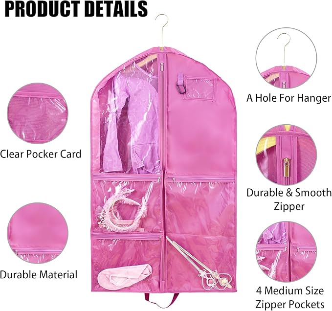 2 Pack Garment Bags for Travel Storage,Dance Costumes Bag,Garment Bag for Dancers,Kids Girls Garment Bags for Hanging Clothes,40Inch Pink Dance Recital Cheer Uniform Dance Bags