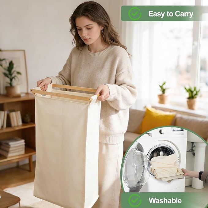 Bamboo Laundry Hamper 3 Section with Lid, 150L Laundry Sorter with Pull-Out Removable Washable Bags, 3 × 12.5 Gal Divided Laundry Baskets for Laundry Room, Bathroom (Beige)
