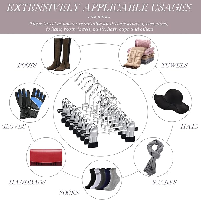 Yinkin 30 Pcs Steel Boot Hangers with 2 Adjustable Clips Multifunctional Hangers Travel Portable Hanging Clips Heavy Duty Clothespins Bulk Boot Organizer for Handbags Clothes Laundry Home Socks Hat