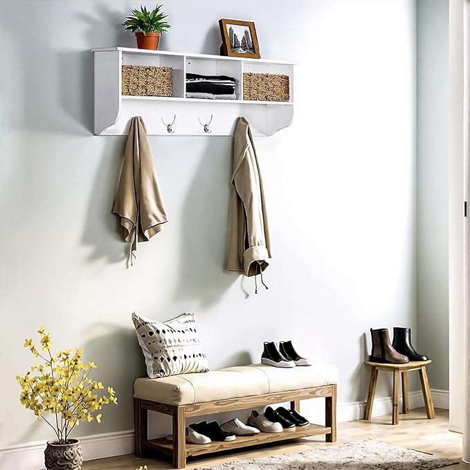 38.6" Contemporary Wall Mounted Coat Rack with Shelf, Entryway Hanging Coat Rack with 3 Shelves, Wall Shelf with 4 Dual Hooks for Hallway, Living Room, Bedroom (White)
