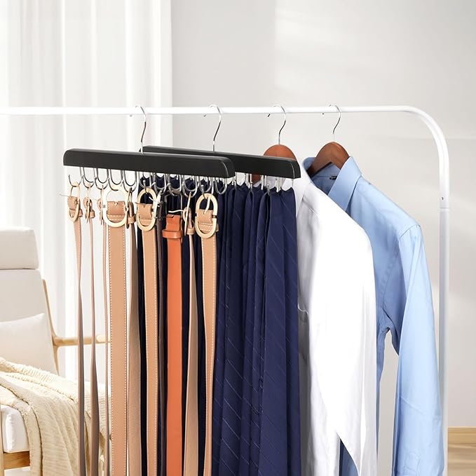 Bra Hanger for Closet Organizer, Wooden Tank Top Hangers with 20 Foldable Hooks, 360° Rotating Design, Space Saving Storage for Tank Tops, Bras, Scarves, Belts, Ties etc (2, Black)