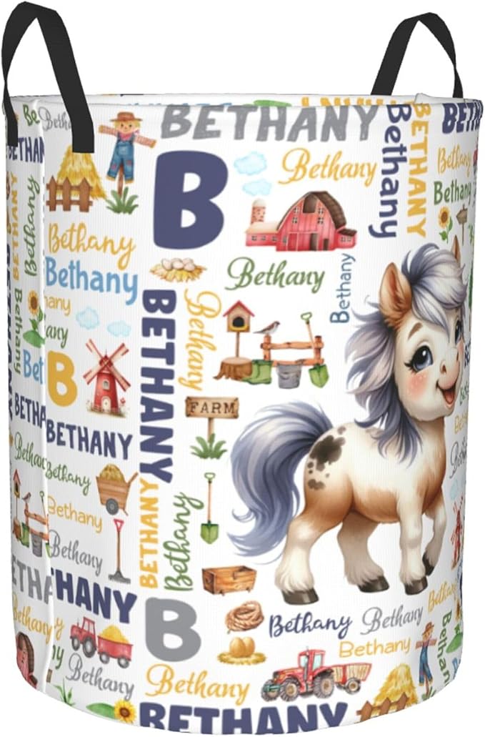 Personalized Farm Horse Laundry Basket For Baby Kids Boys Girls Adult Custom Hamper Basket With Name For Bathroom Bedrooms Collapsible Baby Laundry Basket, Dirty Clothes Hamper With Handles