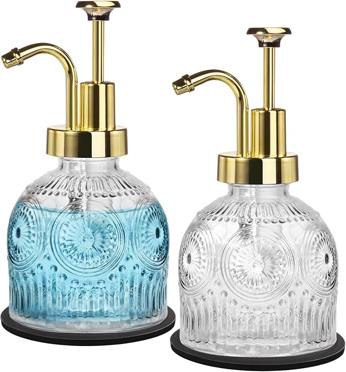 SheeChung Vintage Soap Dispenser, Kitchen Dish Soap Dispensers with Pump Mat, Glass Hand Soap Dispenser for Bathroom, Liquid, Lotion, Refillable, Rustic Farmhouse Decor-Clear (Gold Pump, 2 pk)