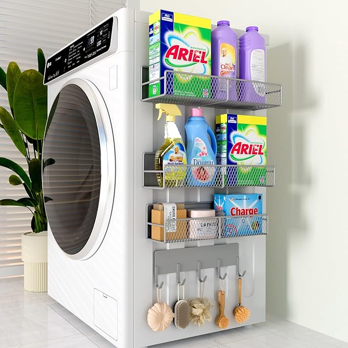 4 Pack Magnetic Shelves for Washing Machine, Heavy-Duty Magnetic Laundry Organizer with Hooks, Washing Machine Shelf for Refrigerator, Metal Storage Baskets, Closet & Laundry Room Organization (Grey)