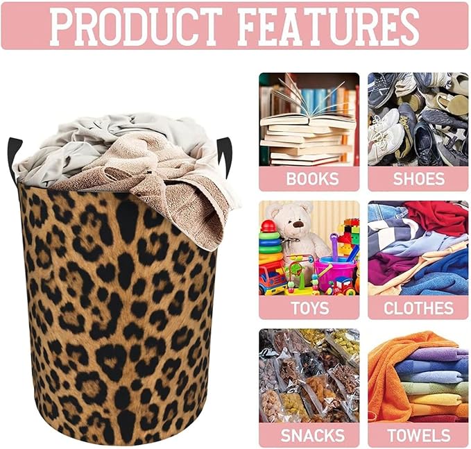 Leopard Cheetah Round Laundry Hamper Wildlife Fur Print Storage Basket Toys Clothes Organizer Bin For Home Bathroom Bedroom Dorm Nursery, 62l