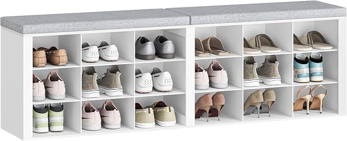 Shoe Storage Bench with Cushion, Entryway Storage Bench with 18 Cubbies, 9.5" Widened Organizer Cabinet, Long Cubby Rack for Living Room, Bedroom, Entryway, White SB25703GY