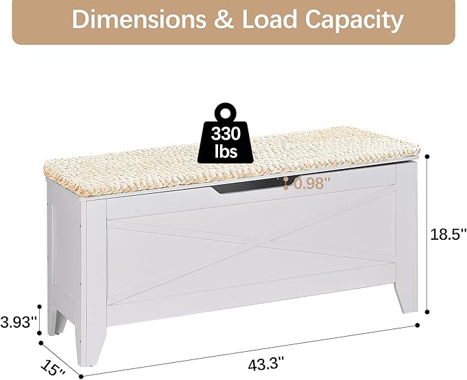 VECELO 43.3" Storage Bench, Shoe Bench with Handwoven Wicker Cushion, Ottoman Storage Trunk with Safety Hinges, Ideal for Entryway, Bedroom, Living Room, White