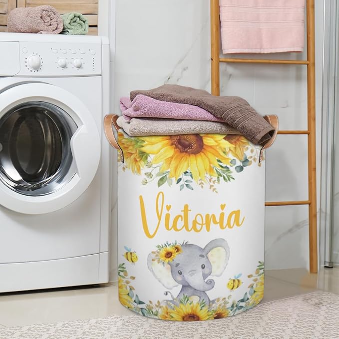 Personalized Laundry Basket, Custom Gift Laundry Hamper, Collapsible Nursery Waterproof Laundry Baskets, Dirty Clothes Toy Hamper with Handles Garden Sunflowers Elephant