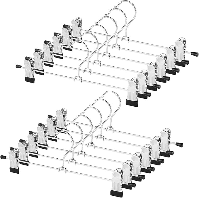 Metal Pants Shorts Hangers, Heavy Duty Kids Skirt Hangers with 2 Adjustable Non Slip Clips, Ultra Thin Space Saving 360 Degree Swivel Hook Stainless Steel Hanger 12 Pack