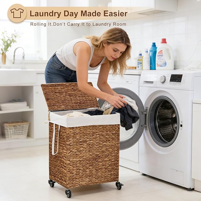 2-Section Laundry Hamper with Lid, Large Capacity Woven Natural Water Hyacinth Laundry Sorter with Removable Liners, Rolling or Non-Slip Design for Bedroom (Espresso, 100L)