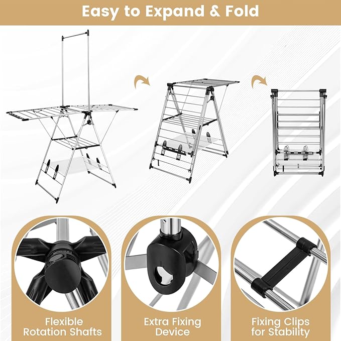 Tangkula 2-Layer Stainless Steel Drying Rack, Foldable Laundry Rack w/ 1 Hanging Bar & 2 Height-Adjustable Wings, 23 Drying Rails, Netting Clothe Drying Rack, No Assembly Required